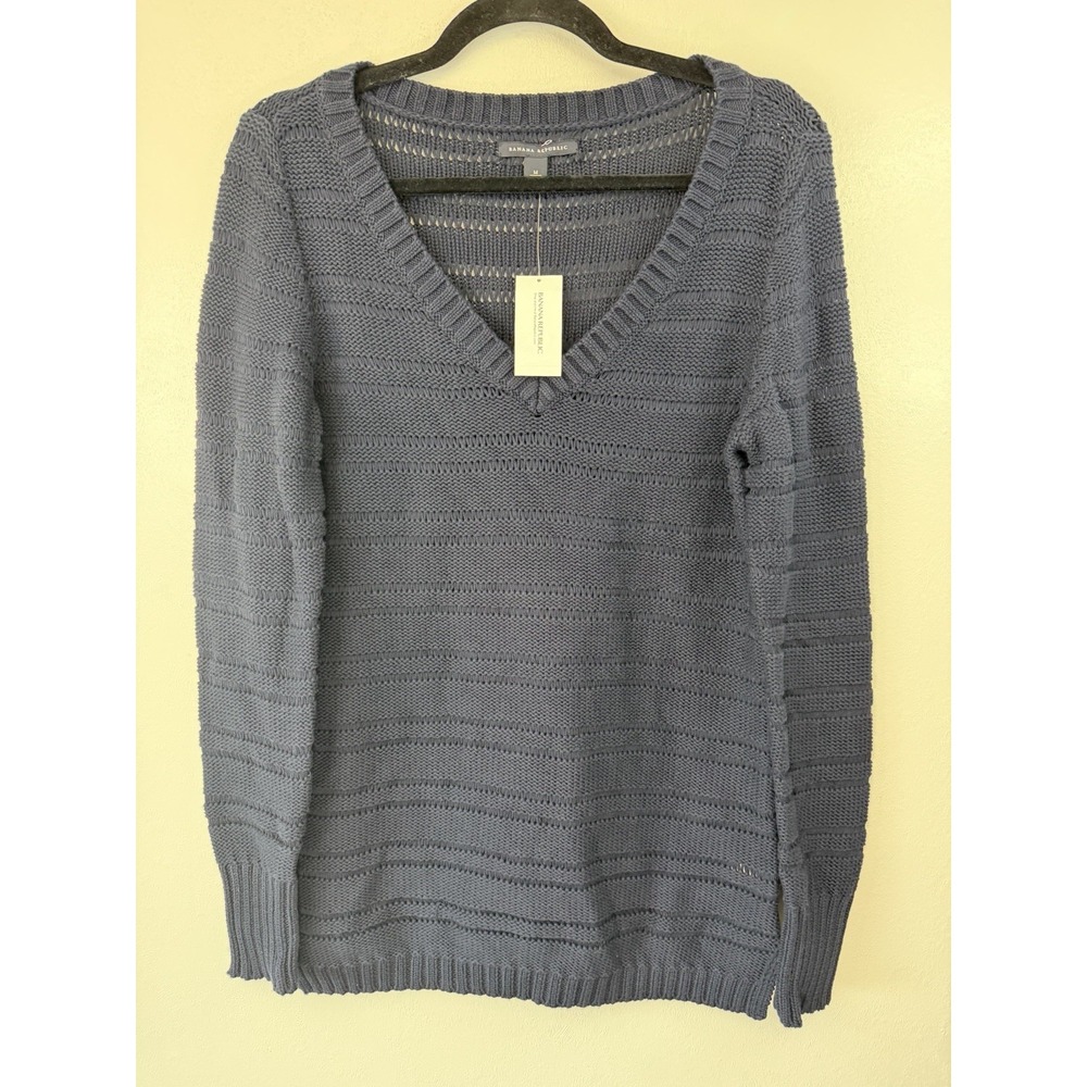 NWT Banana Republic Open Weave Navy‎ Blue V Neck Pullover Sweater Size M